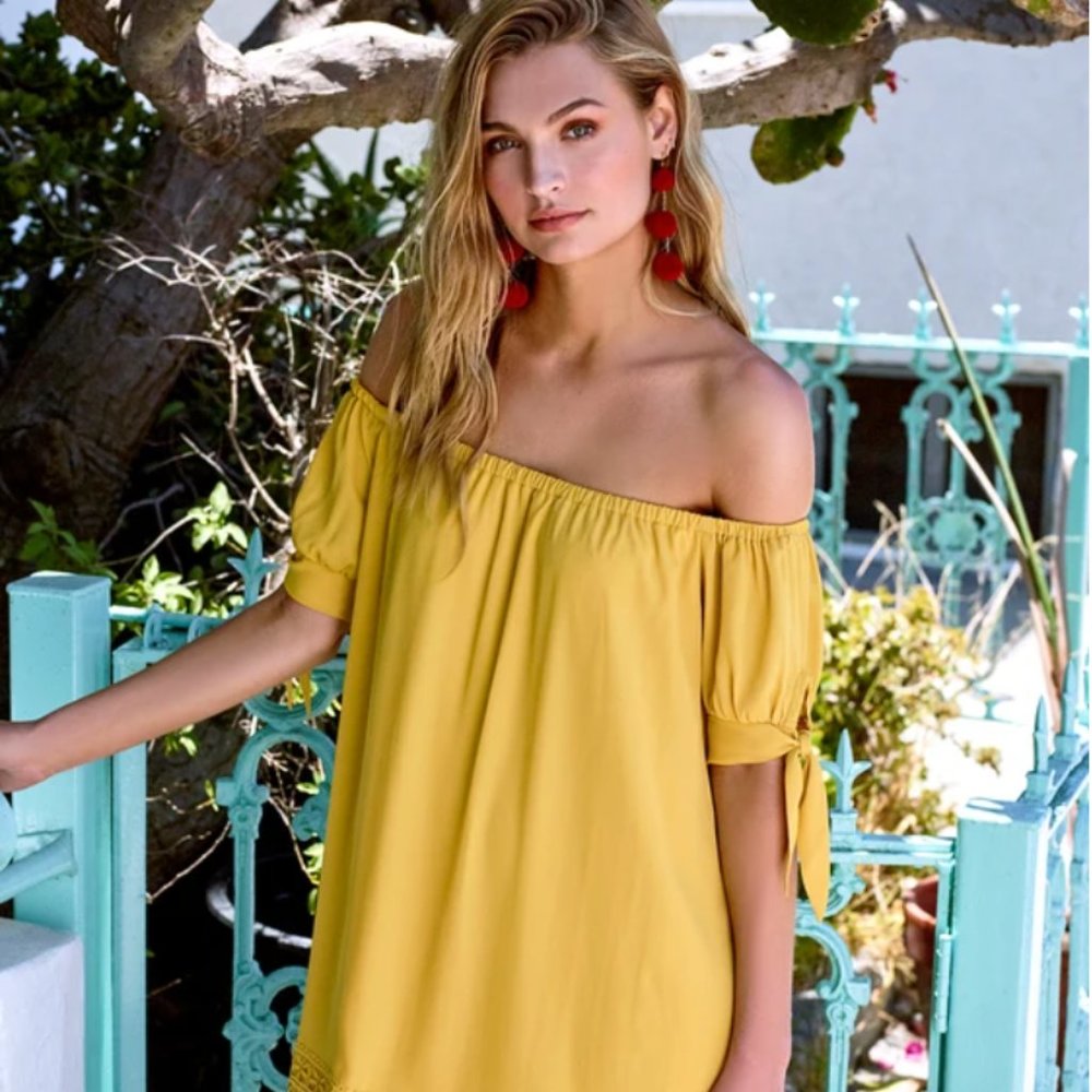 Moment in the Sun Mustard Yellow Lace Off-the-Shoulder Dress
